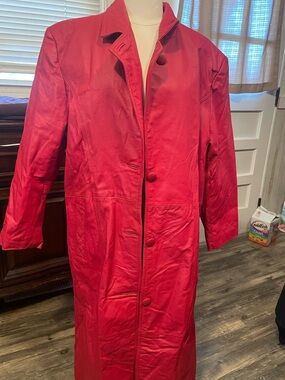 Vintage Women's Red Leather Button-Front Trench Coat